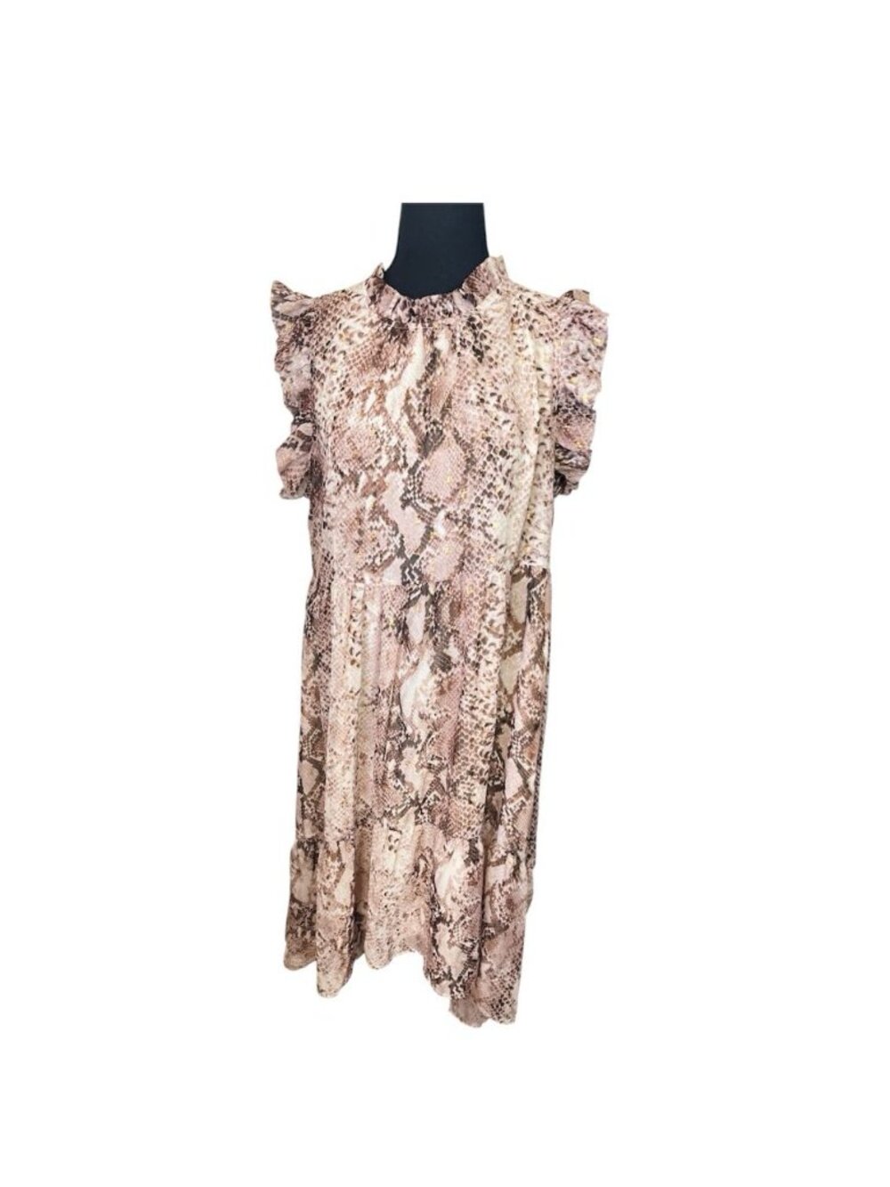 Karlie Pink Snakeskin High Low Dress Sz M Ruffle High Neck Flutter Sleeve Tiered